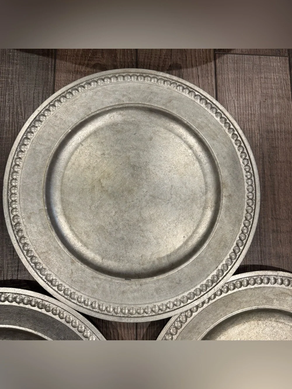 Set of 3 Pottery Barn Beaded Silver Gilt Charger Plates Pewter-Look